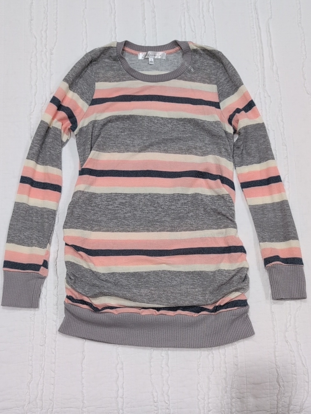 Striped Crewneck Maternity Sweater in Gray & Pink
